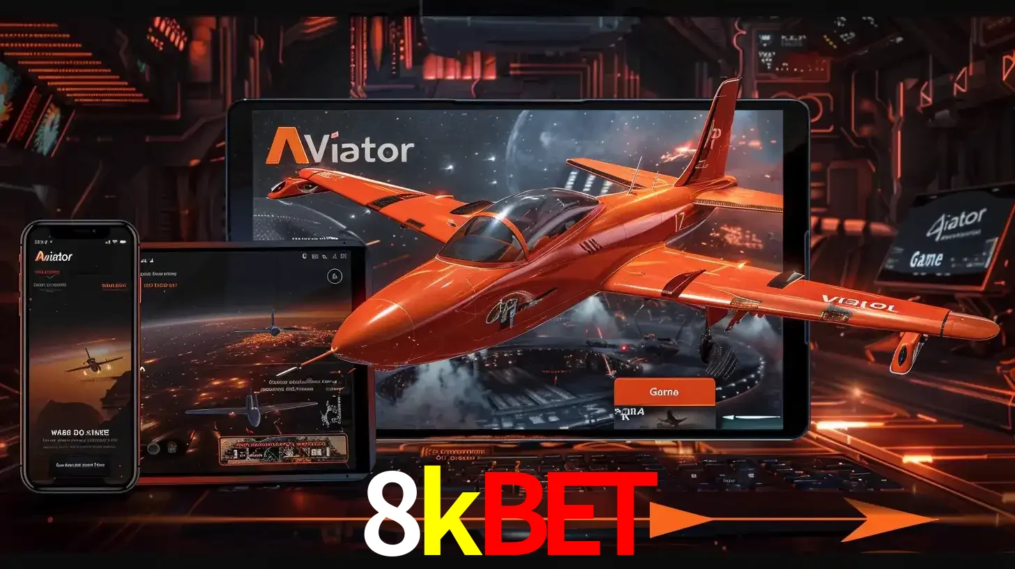 Apresentação tecnológica do jogo Aviator com um avião saindo da tela de um tablet, demonstrando a experiência imersiva em múltiplos dispositivos no 8kbet.