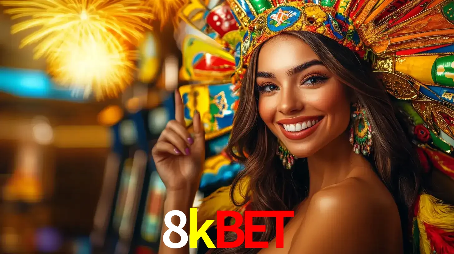 Mulher sorridente com um cocar de carnaval vibrante e colorido, celebrando uma grande vitória nos jogos do cassino 8kbet com fogos de artifício ao fundo.