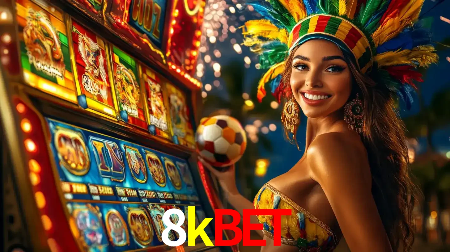 Mulher com um cocar de carnaval ao lado de uma máquina de caça-níqueis enquanto segura uma bola de futebol, mostrando a união da diversão de cassino e esportes no 8kbet.