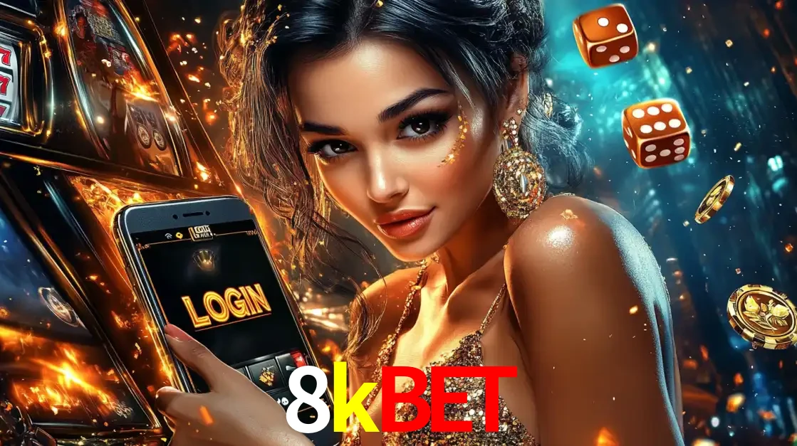 Mulher glamourosa segurando um celular com a tela de login do cassino 8kbet, rodeada por dados e moedas douradas, pronta para começar a diversão.