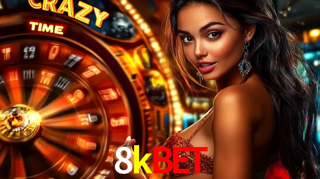 Mulher ao lado da roda de prêmios do jogo de cassino ao vivo Crazy Time, um dos shows de jogos mais emocionantes oferecidos pela plataforma de apostas 8kbet.