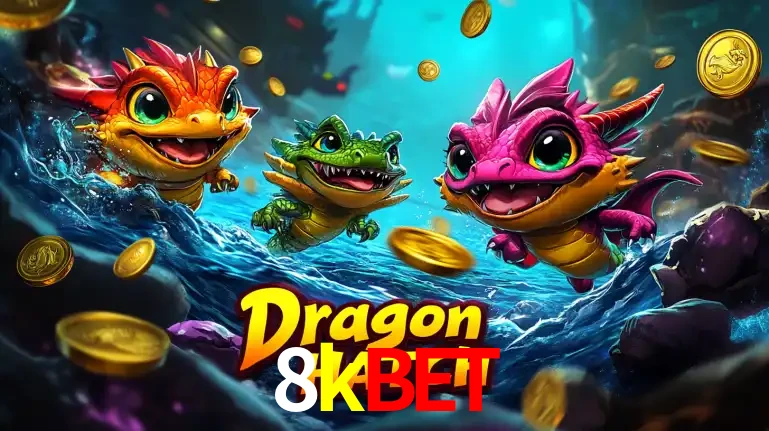 Arte promocional do jogo Dragon Hatch com três adoráveis dragões bebês nadando entre moedas de ouro, um dos slots mais divertidos para jogar no cassino 8kbet.