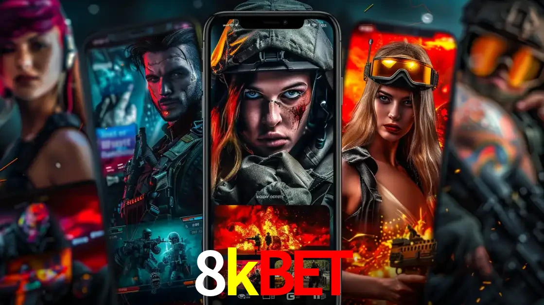 Montagem de telas de celular mostrando diversos personagens, masculinos e femininos, de um jogo de tiro, ilustrando a diversidade de equipes de e-sports para apostar no 8kbet.
