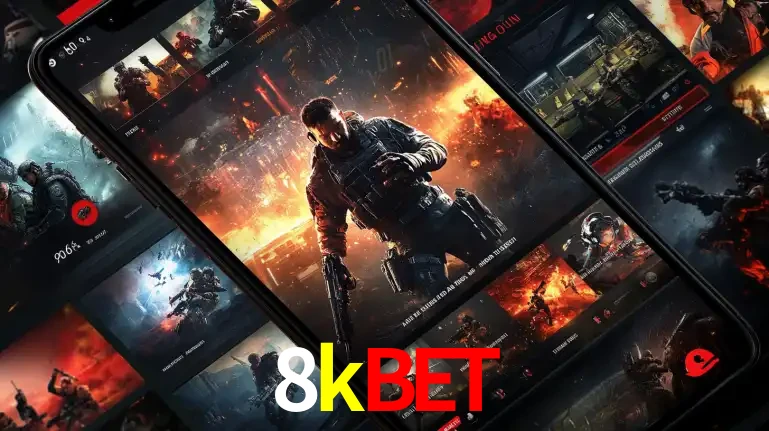 Tela de um celular exibindo uma galeria de jogos de tiro com temática militar, mostrando a variedade de e-sports disponíveis para apostas na plataforma de entretenimento 8kbet.