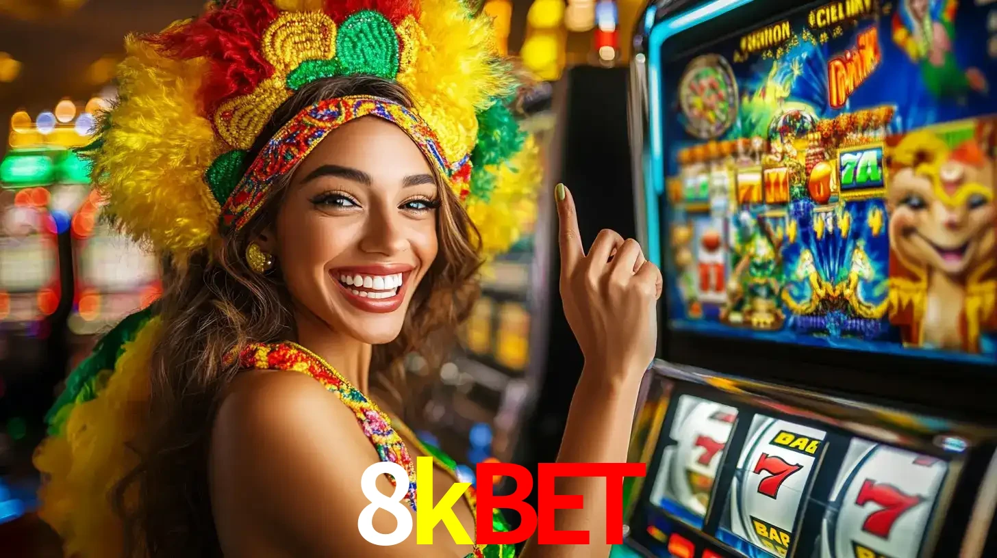 Mulher animada com um cocar de carnaval apontando para uma máquina de caça-níqueis, mostrando a emoção de ganhar um grande prêmio nos jogos do 8kbet.