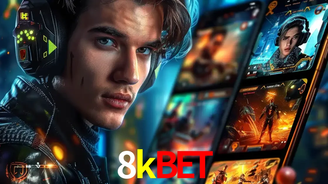 Jovem jogador com fones de ouvido olhando para a câmera, com um aplicativo de jogos e e-sports para celular ao fundo, pronto para a competição e apostas no 8kbet.