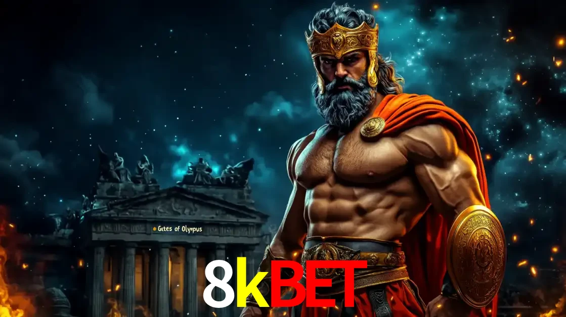 O poderoso Zeus do jogo de slot Gates of Olympus em frente ao seu templo, pronto para lançar multiplicadores divinos e prêmios épicos no cassino online 8kbet.