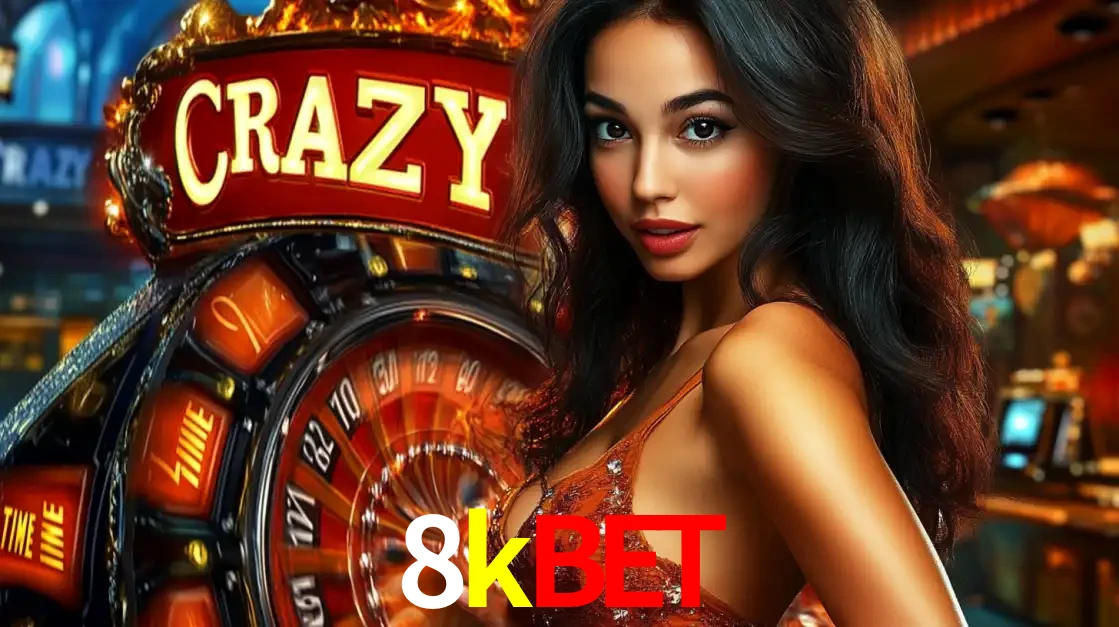 Mulher glamourosa olhando para a câmera com a roda vermelha do Crazy Time ao fundo em um ambiente de cassino, destacando a emoção dos jogos ao vivo no 8kbet.