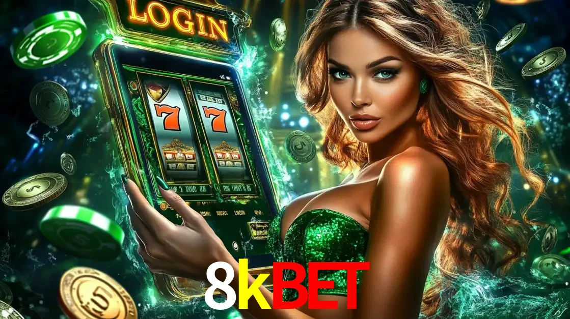 Mulher com tema verde apresentando o aplicativo do cassino 8kbet com um jogo de slot de 777, cercada por fichas de cassino e uma aura de sorte.