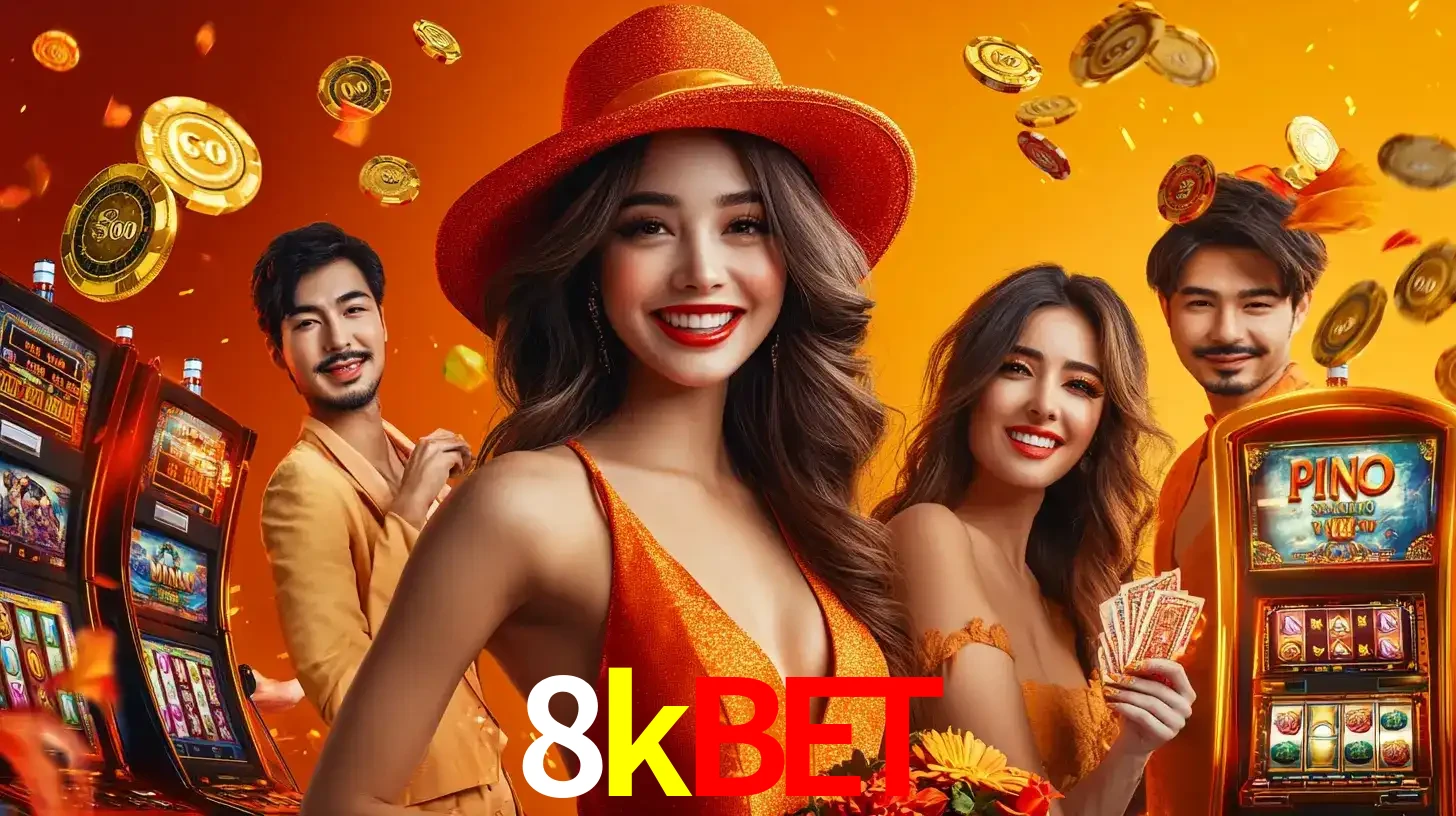 Grupo de amigos asiáticos sorrindo e se divertindo com máquinas de caça-níqueis em um ambiente festivo, celebrando suas vitórias nos jogos de cassino do 8kbet.