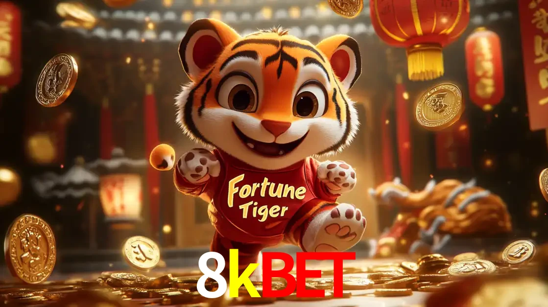 O alegre personagem do Fortune Tiger correndo sobre um caminho de moedas de ouro, simbolizando os grandes prêmios e a diversão do popular jogo de slot do 8kbet.