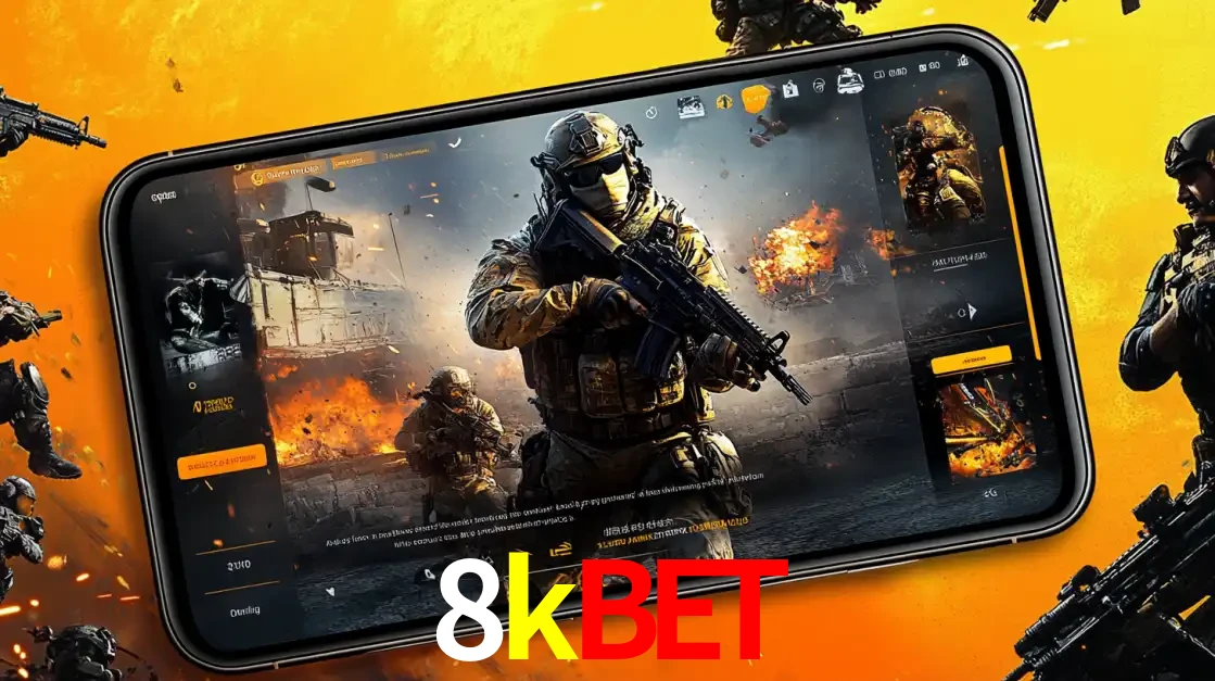 Um smartphone exibindo a interface de um jogo de tiro em primeira pessoa, com um soldado em um cenário de batalha, representando a ação dos e-sports para apostar no 8kbet.
