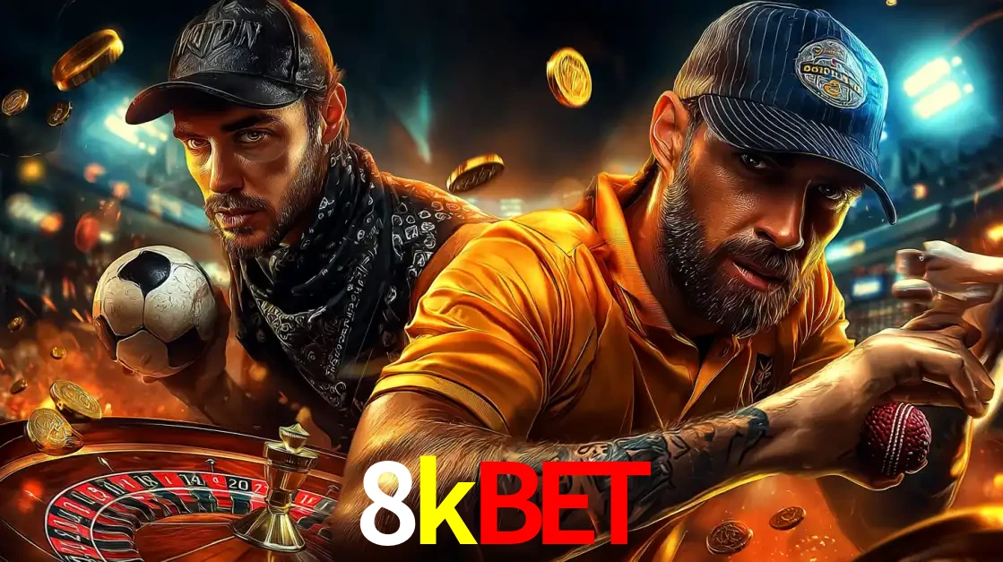 Montagem de apostas esportivas e cassino no 8kbet, com um homem segurando uma bola de futebol e outro uma de beisebol sobre uma roleta e moedas voadoras.