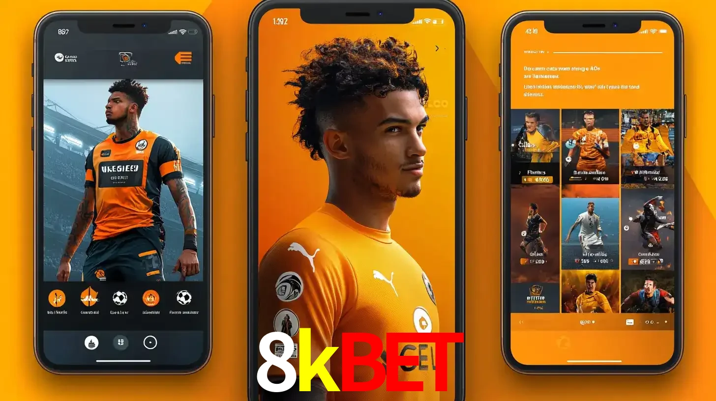 Interface do aplicativo de apostas esportivas 8kbet em três telas de celular, mostrando o perfil de um jogador de futebol e a lista de jogos disponíveis para apostar.