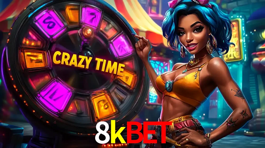 Mulher estilizada com cabelo azul e visual vibrante posando ao lado da roda de prêmios do game show Crazy Time, convidando para a diversão e os bônus do cassino 8kbet.