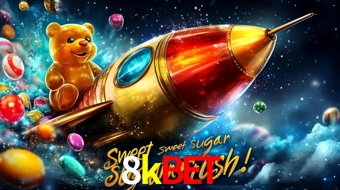 Arte promocional do jogo de slot Sugar Rush, com um urso de pelúcia em um foguete viajando pelo espaço de doces, um dos jogos divertidos disponíveis no cassino 8kbet.