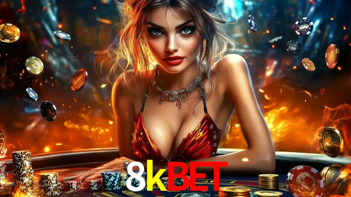 Mulher em uma mesa de cassino com pilhas de fichas e um fundo de fogo, pronta para uma rodada de altas apostas nos jogos de mesa emocionantes do cassino 8kbet.