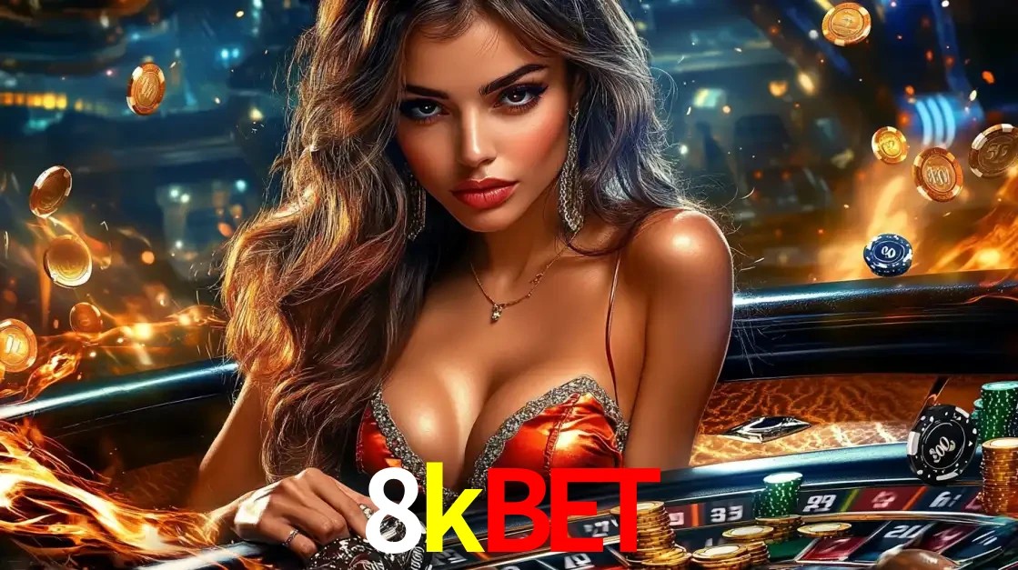 Mulher glamourosa em uma mesa de roleta com um fundo de chamas e moedas voadoras, pronta para fazer sua aposta e ganhar grandes prêmios no cassino ao vivo 8kbet.