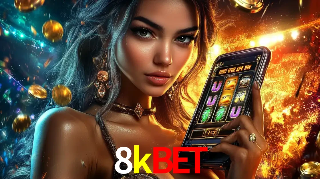 Mulher elegante mostrando um jogo de caça-níqueis em seu smartphone, destacando a experiência de cassino móvel oferecida pelo aplicativo 8kbet.
