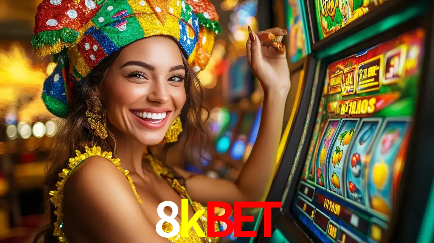 Mulher feliz com traje de carnaval amarelo e colorido ao lado de uma máquina de caça-níqueis, aproveitando a diversão e os jogos temáticos do cassino 8kbet.