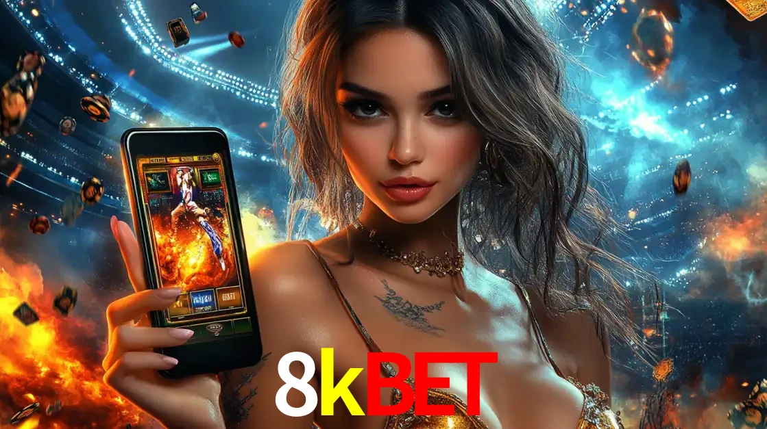 Mulher segurando um celular com um jogo de slot em destaque, tendo como fundo um estádio vibrante, simbolizando a emoção de jogar no cassino móvel 8kbet.
