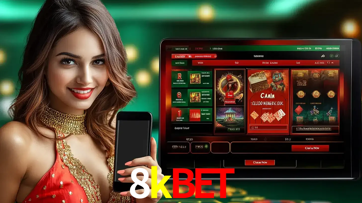 Mulher sorridente segurando um smartphone, ao lado de uma tela exibindo o lobby de jogos do cassino online 8kbet, com várias opções de jogos de cartas e slots.